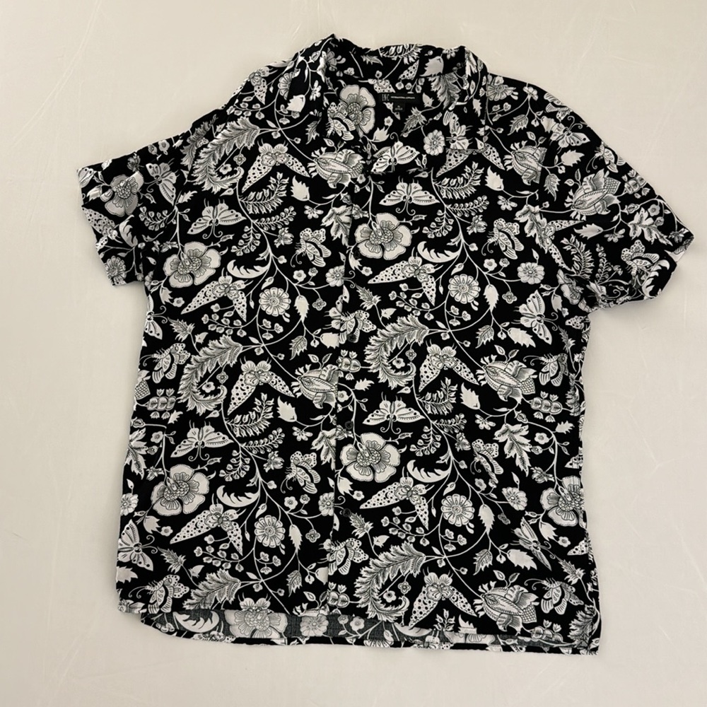 Black White Floral Print INC SS XL Men’s Button Shirt Extra Large Short Sleeve